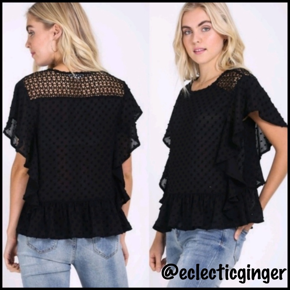 Black Swiss dot flutter short sleeve ruffled top Small S Medium M Large L